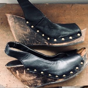 Black leather slingback studded platform wedges